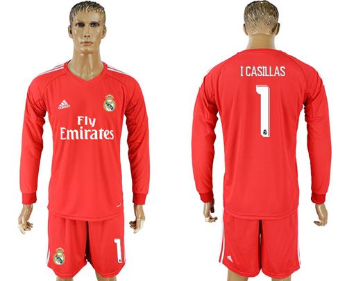 Real Madrid #1 I Casillas Red Goalkeeper Long Sleeves Soccer Club Jersey